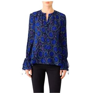 DEREK LAM 10 CROSBY Blue Silk Collarless‎ Blouse Bell Sleeves Size 2